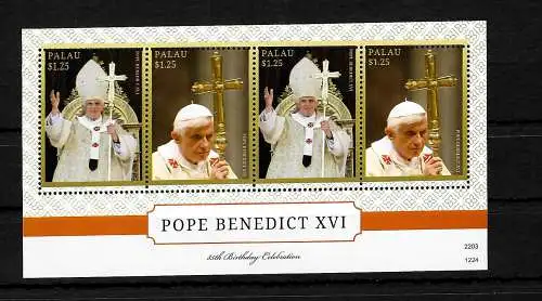 Palau: 85e anniversaire du pape Bendedict XVI, bloc, frais de port, **