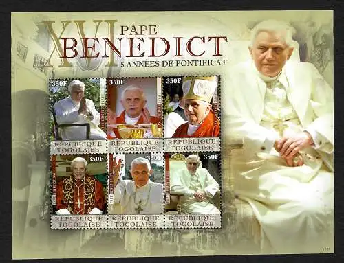 Togo: Papst Bendedict XVI, 5 Jahre Pontifikat, Block **