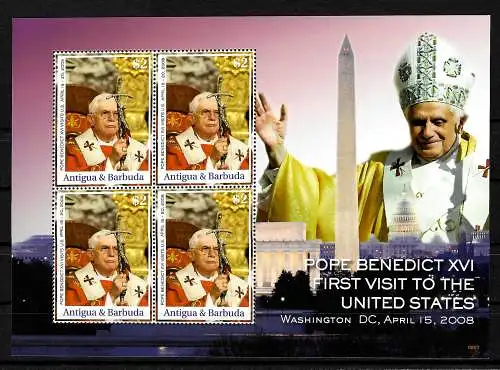 Antigua & Bermuda:  Papst Bendedict XVI, in den USA, Block **