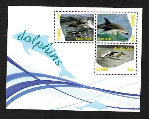 Guyana: Delphine, dolphins, Block, 3 Briefmarken postfrisch