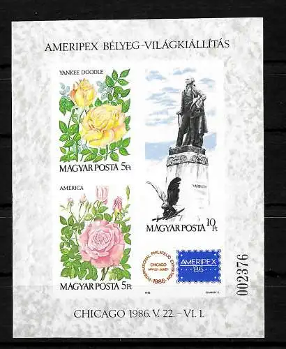 Ungarn: Briefmarkenausstellung AMERIPEX '86 Chicago, Block #184B postfrisch