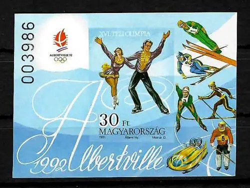 Hongrie: Jeux olympiques d'hiver Albertville 1992 bloc #219B, frais de port