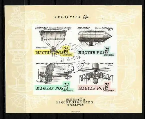 Hongrie: AEROPHILA '67, poste aérien, Zeppelin, bloc #57B, cacheté