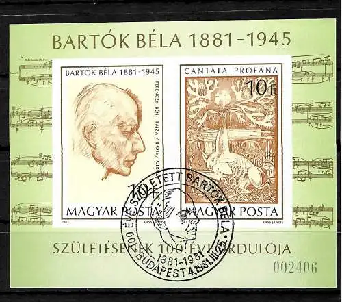 Hongrie: 100e anniversaire de Bela Bartok #148B, cacheté