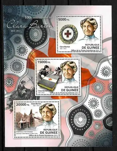 Guinée: 100 ans Clara Barton - Croix-Rouge, bloc de 3 timbres frais