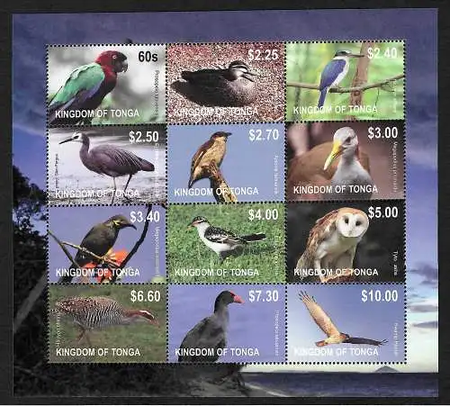 Tonga: Oiseaux, 12 timbres, petit arc, post-frais, #1754-65