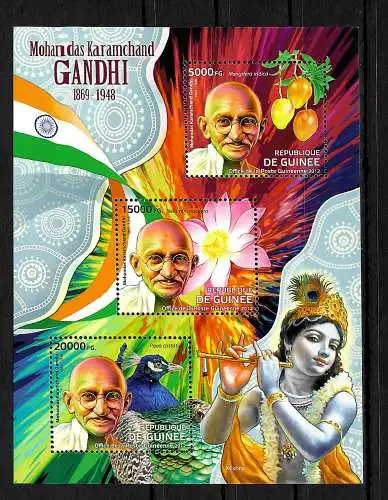 Guinea: Mohandas Karamchand Gandhi 3x Briefmarken, Block postfrisch