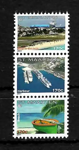 Sint Maarten: 3 Briefmarken zu Tourismus in St. Martin, Zusammendruck postfrisch