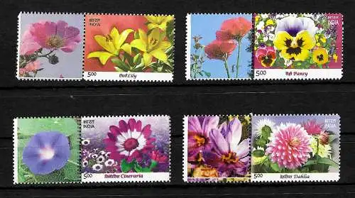 Inde: 4x timbres avec fleurs et bordure avec des fleurs, frais de poste