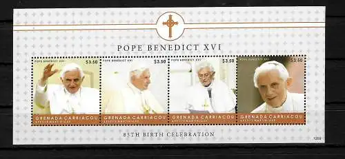 Grenada Carriacou: Papst Benedict XVI, 85. birthday, bloc mnh, postfrisch