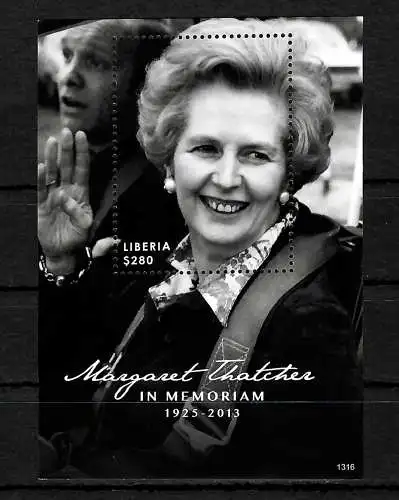 Liberia: Margaret Thatcher, dans le Memorial 1925-2013, bloc, frais de port