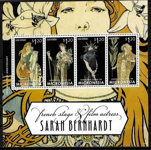 Micronésie: Sarah Bernhardt, 90e anniversaire de la mort, bloc frais, **