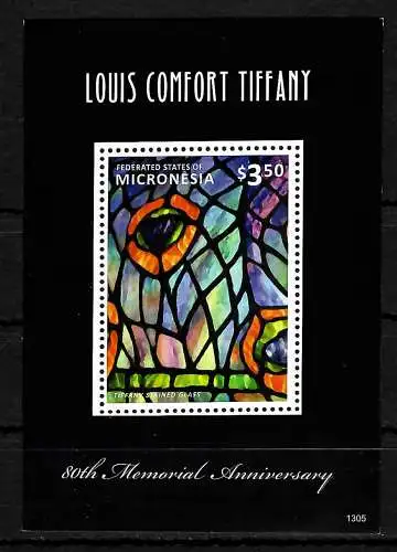 Micronésie: 80ème Memorial Annuversary, Louis Comfort Tiffany, bloc frais de bureau