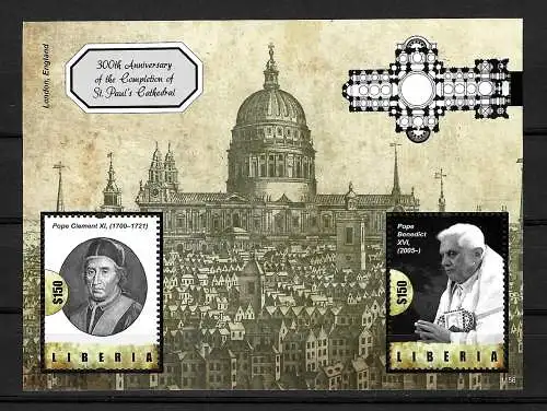 Liberia: St. Pauls Kathedrale und Papst Benedict XVI, Block postfrisch