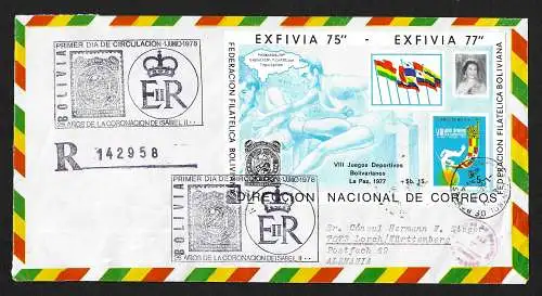 Bolivie: 25 ans de couronnement Reine Elisabeth, exposition Honduras 78, bloc 78