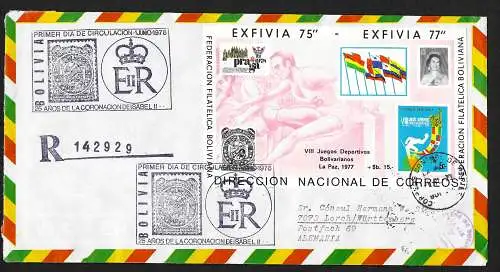 Bolivie: 25 ans de couronnement Reine Elisabeth, exposition Honduras 78, bloc 76