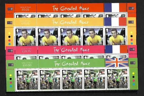 Isle of Man: 100. Tour de France, 8 Briefmarken im Oberrandstreifen, postfrisch