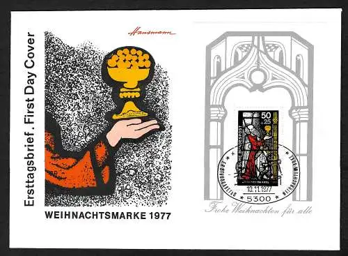 Bund: Weihnachtsmarke 1977 auf FDC, #955, Block #15