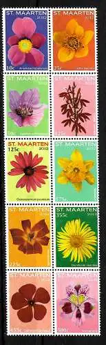 Sint Maarten: Blumen, 10 zusammenhängende Briefmarken, postfrisch