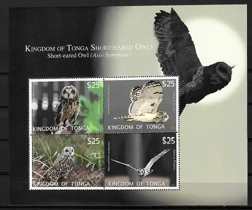 Tonga: 5x timbres de vol avec les hibou des oiseaux, bloc #57, frais de poste, #1793-96