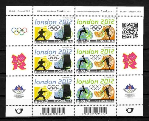 Slovénie: Jeux olympiques 2012 Londres, petit arc #961-962 frais de port
