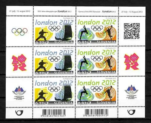 Slowenien: Olympische Spiele 2012 London, Kleinbogen #961-962 postfrisch