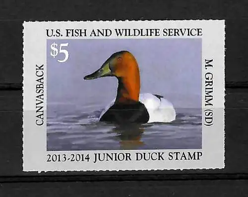 USA: U.S. Fish and Wildlife Service, Canvasback, 2013-14 Junior Duck stamp