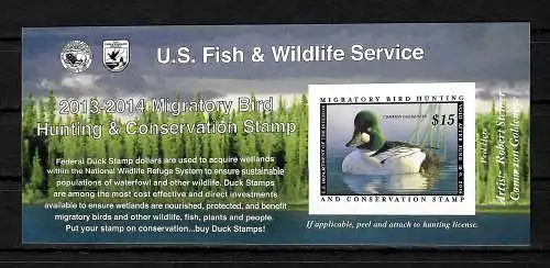 USA: U.S. Fish and Wildlife Service, Canvasback, 2013-14 Junior Duck stamp, Bloc