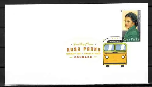 USA: 150. birthad Rosa Parks, FDC, Farbstempel