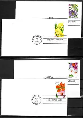 États-Unis: Fleurs, Flowers, St. Augustine, FL, 4x FDC, Tampon de couleur