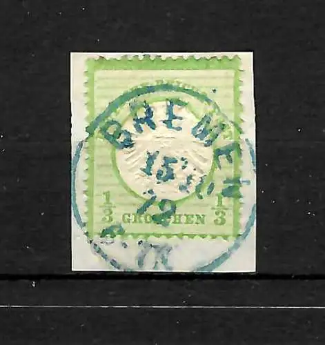 DR: Min. 17, cacheté 1872 bleu Bremen, billet-poste, signature BPP