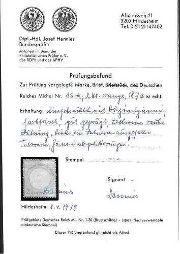 DR: MiNr. 15, *, ungebraucht, farbfrisch, älterer BPP Befund