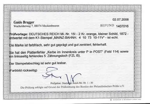 DR: MiNr. 15 I, gestempelt, Mainz Bahnhof, BPP Befund