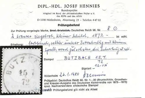 DR: MiNr. 8, gestempelt Butbach, älterer BPP Befund