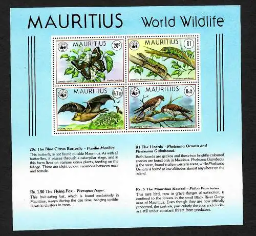 Maurice: conservation de la nature dans le monde entier, animaux menacés WWF, #463-66, bloc #8, **