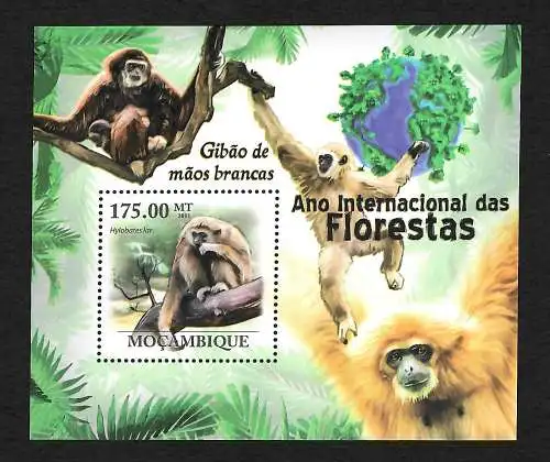 Mocambique: Affen - Gibbons, Briefmarkenblock, postfrisch, **