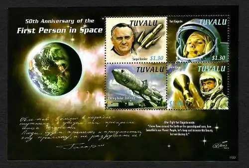 Tuvalu: 50. Aniversary of teh First Person in Space, postfrisch **