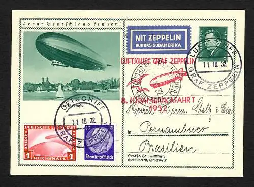 DR: Zeppelin LZ 127, 8. Südamerikafahrt 1932, Bordpost, Ganzsache Karte, #189 Ab