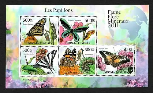 Comores: Les Papillons, la flore et la faune Minéraux 2011, 5x stamps post-frais **