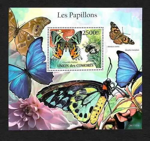 Comores: Les Papillons, la flore et la faune Minéraux 2011, bloc frais **