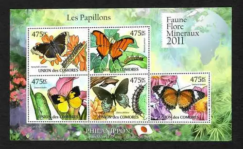 Komoren: Les Papillons, Flora und Fauna Mineralien 2011, Block 5 Marken, **