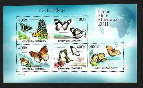 Komoren: Les Papillons, Flora und Fauna Mineralien 2011, ** postfrisch