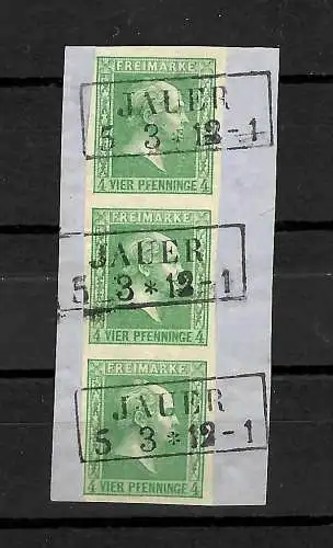 Senkrechter Dreierstreifen, Briefstück, Stempel Jauer, MiNr. 9a, BPP Alt-Attest
