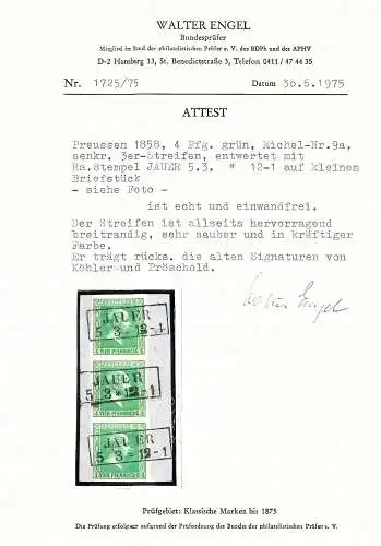 Senkrechter Dreierstreifen, Briefstück, Stempel Jauer, MiNr. 9a, BPP Alt-Attest