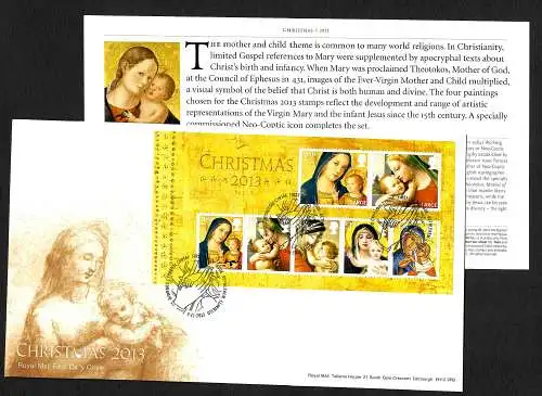 GB: Noël 2013, christmas, Sainte Marie avec enfant, bloc en tant que FDC