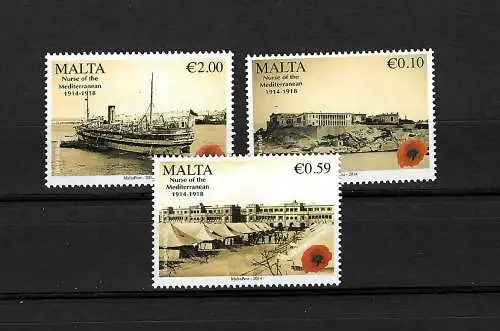 Malta: 100 Jahre I. WW, 1. Weltkrieg, 3 stamps, mnh