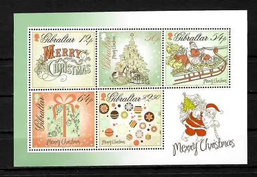 Gibraltar: Weihnachten 2013, 5 Briefmarken im Block, postfrisch