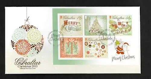 Gibraltar: Weihnachten 2013, 5 Briefmarken im Block als FDC