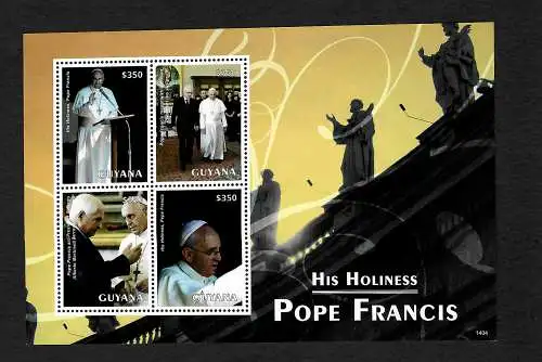 Guyana: His Holiness Pope Francis, Franziskus, Block 4 Briefmarken postfrisch