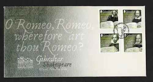 Gibraltar: 450. Geburtstag von William Shakespeare, FDC, #1625-28